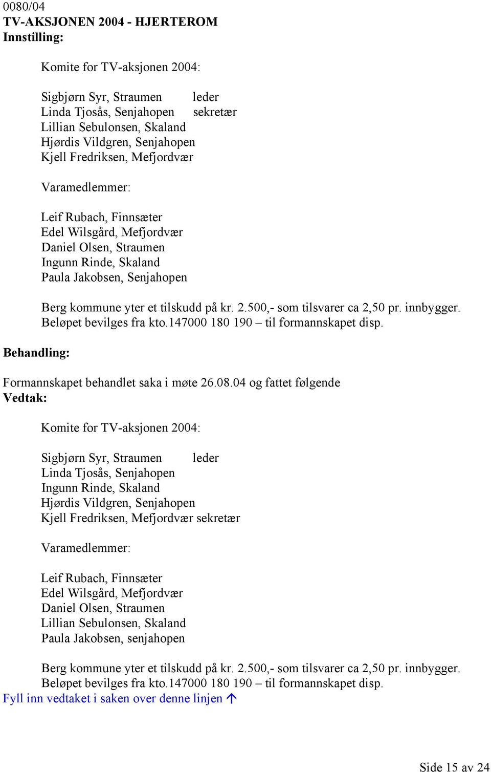 500,- som tilsvarer ca 2,50 pr. innbygger. Beløpet bevilges fra kto.147000 180 190 til formannskapet disp. Formannskapet behandlet saka i møte 26.08.