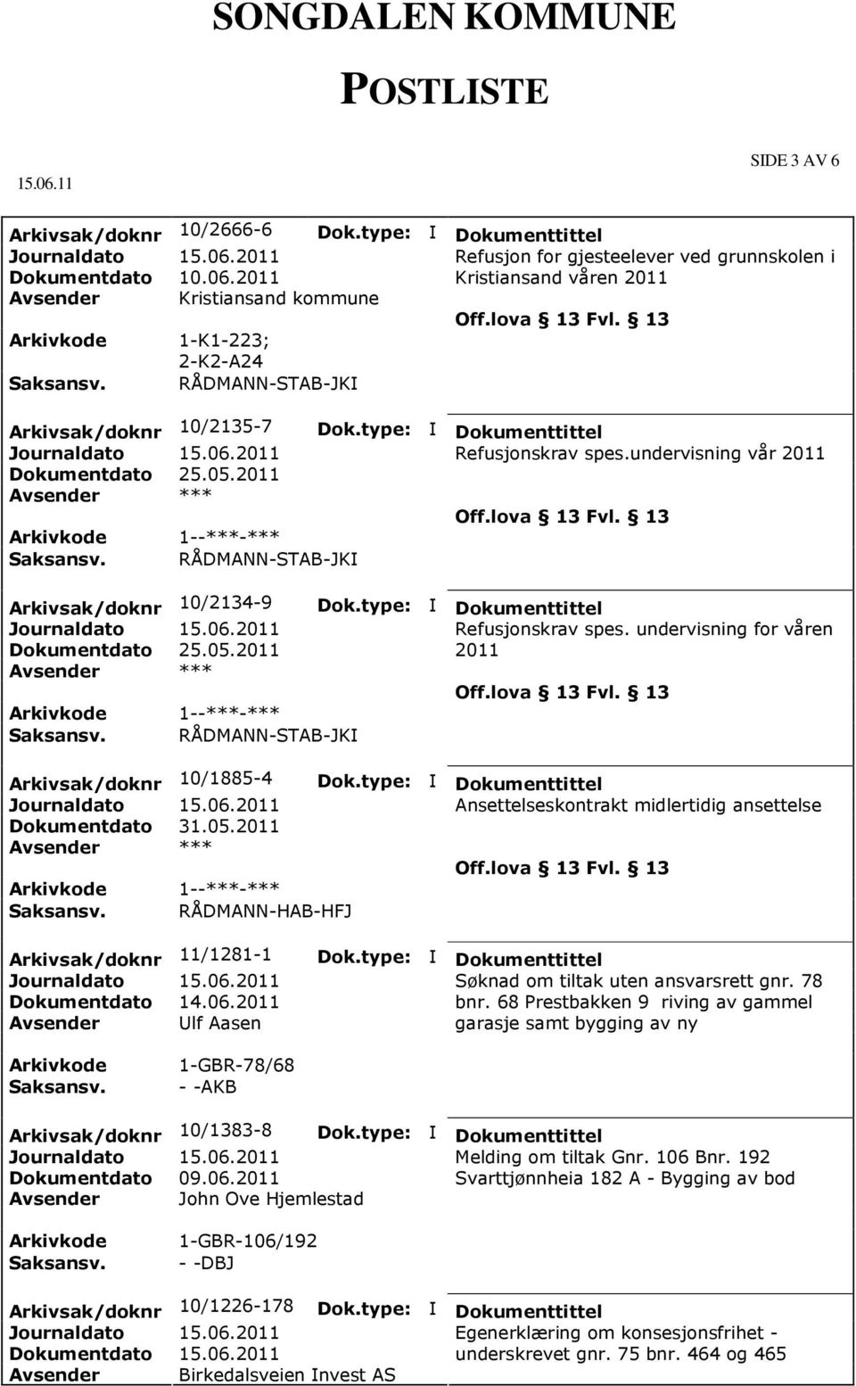 undervisning vår 2011 Refusjonskrav spes. undervisning for våren 2011 Ansettelseskontrakt midlertidig ansettelse Arkivsak/doknr 11/1281-1 Avsender Ulf Aasen Søknad om tiltak uten ansvarsrett gnr.