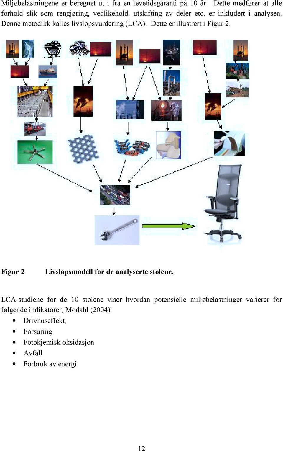 Denne metodikk kalles livsløpsvurdering (LCA). Dette er illustrert i Figur 2. Figur 2 Livsløpsmodell for de analyserte stolene.