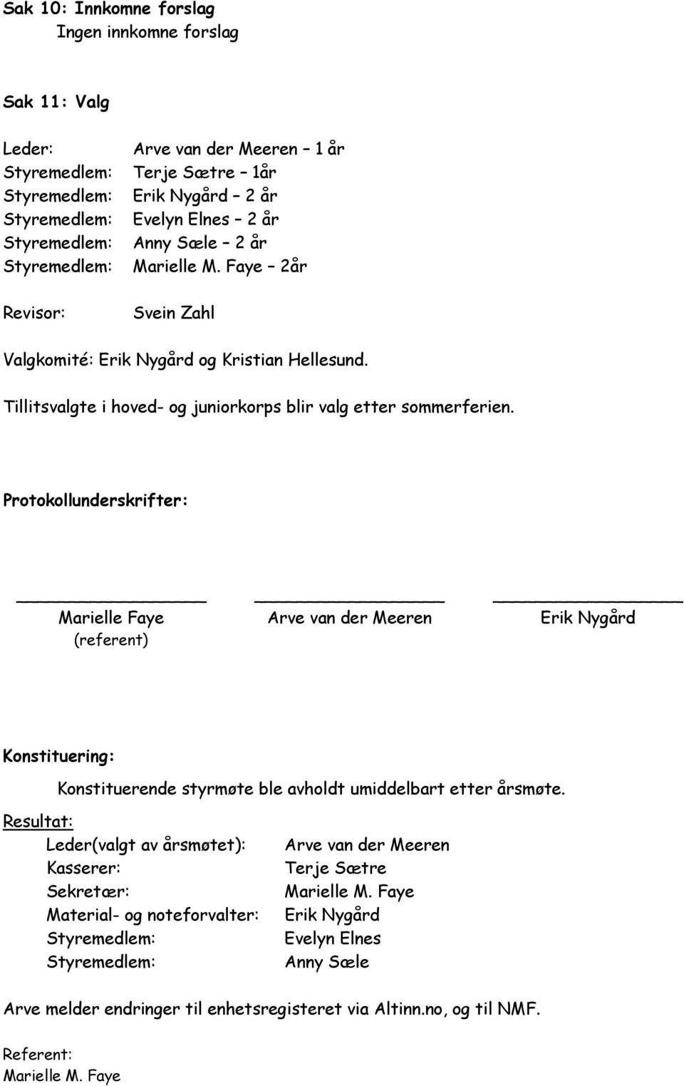 Protokollunderskrifter: Marielle Faye Arve van der Meeren Erik Nygård (referent) Konstituering: Konstituerende styrmøte ble avholdt umiddelbart etter årsmøte.