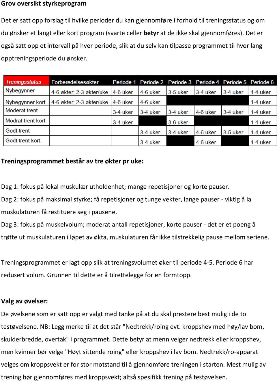 Treningsprogrammet består av tre økter pr uke: Dag 1: fokus på lokal muskulær utholdenhet; mange repetisjoner og korte pauser.