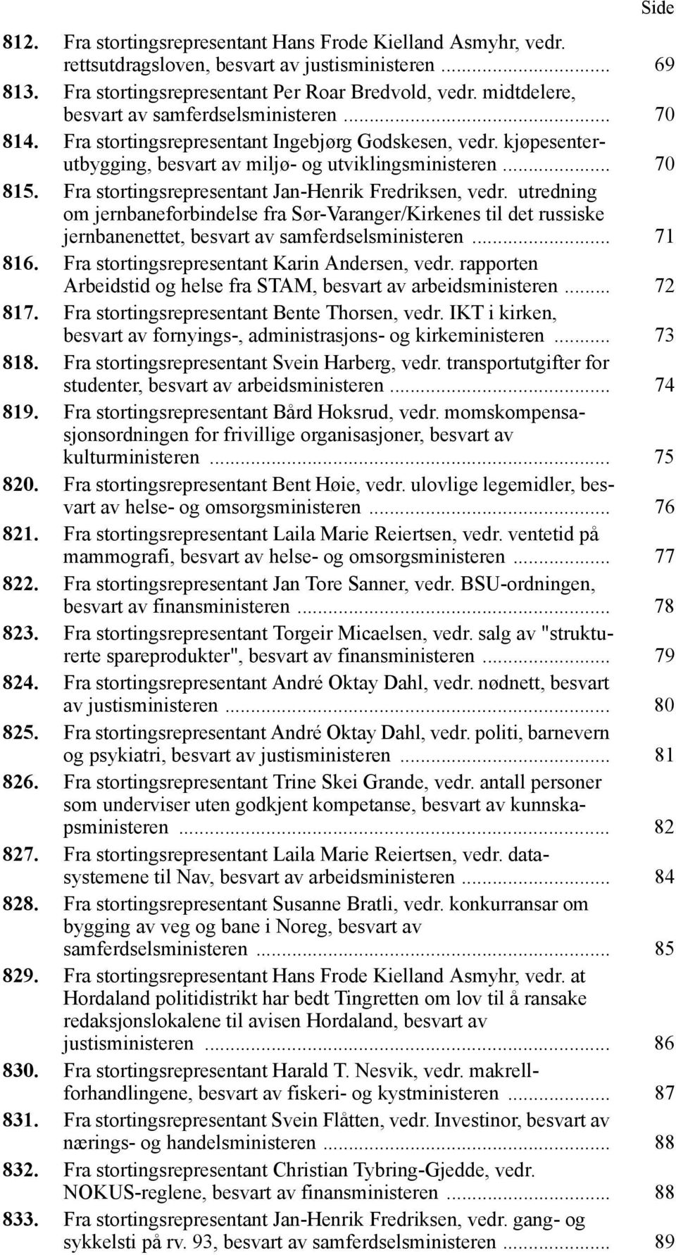 Fra stortingsrepresentant Jan-Henrik Fredriksen, vedr. utredning om jernbaneforbindelse fra Sør-Varanger/Kirkenes til det russiske jernbanenettet, besvart av samferdselsministeren... 71 816.