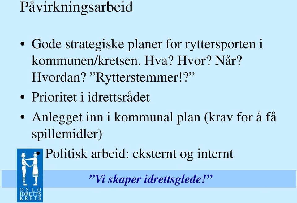 ? Prioritet i idrettsrådet Anlegget inn i kommunal plan