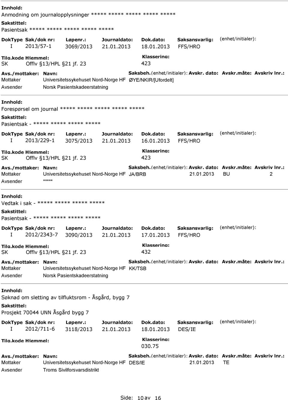 /mottaker: Navn: Saksbeh. Avskr. dato: Avskr.måte: Avskriv lnr.: niversitetssykehuset Nord-Norge HF JA/BRB B 2 ***** Vedtak i sak - ***** ***** ***** ***** ***** 2012/2343-7 3090/2013 17.01.2013 432 Avs.