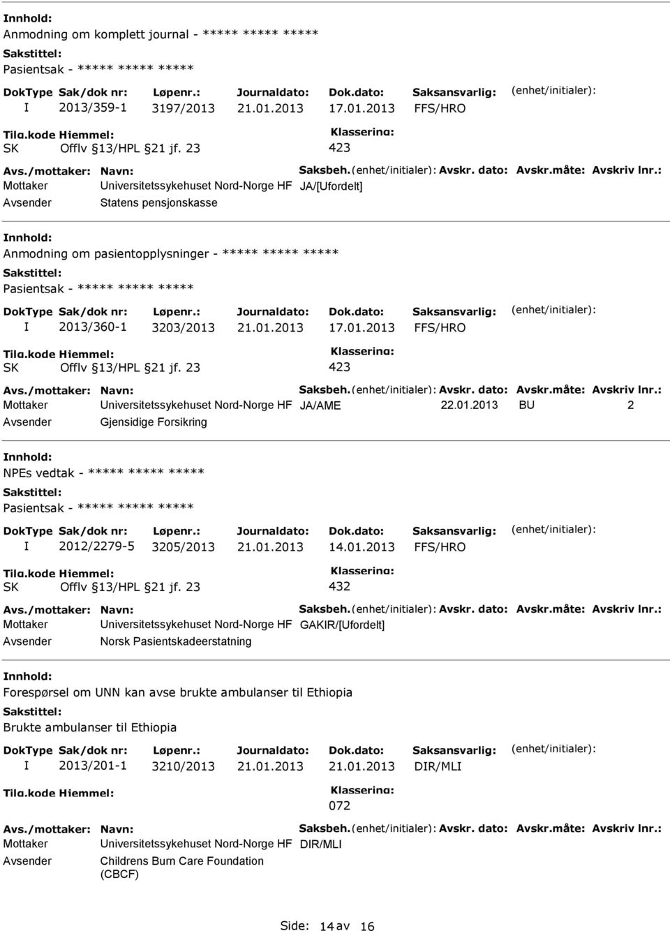 dato: Avskr.måte: Avskriv lnr.: niversitetssykehuset Nord-Norge HF JA/AME 22.01.2013 B 2 Gjensidige Forsikring NPEs vedtak - ***** ***** ***** 2012/2279-5 3205/2013 14.01.2013 432 Avs.