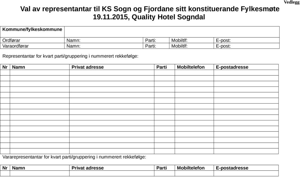 Parti: Mobiltlf: E-post: Representantar for kvart parti/gruppering i nummerert rekkefølge: Nr Namn Privat adresse