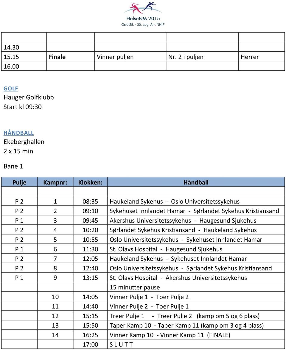 Hamar - Sørlandet Sykehus Kristiansand P 1 3 09:4 Akershus Universitetssykehus - Haugesund Sjukehus P 2 4 10:20 Sørlandet Sykehus Kristiansand - Haukeland Sykehus P 2 10: Oslo Universitetssykehus -