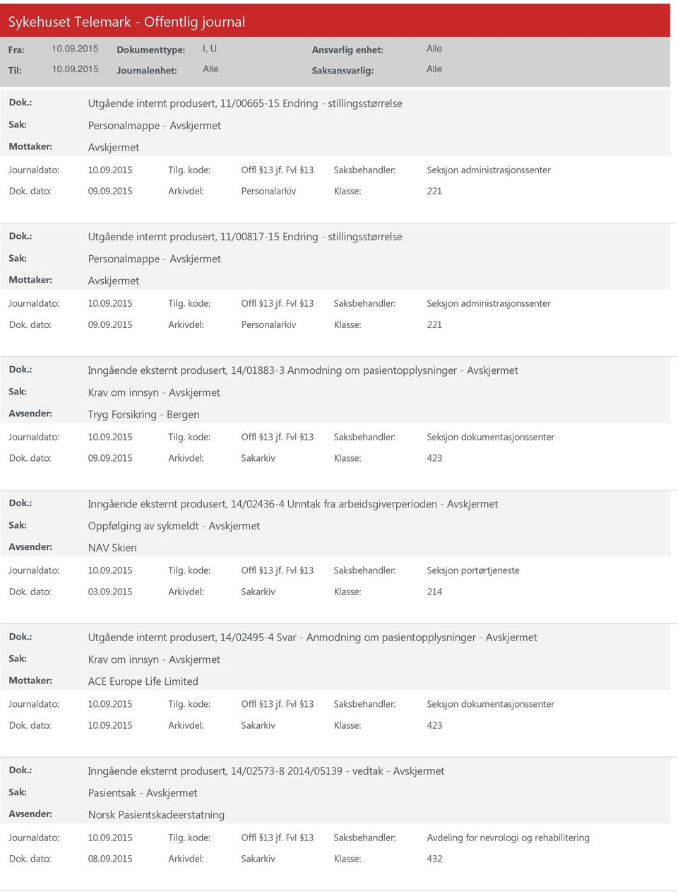 produsert, 14/01883-3 Anmodning om pasientopplysninger - Krav om innsyn - Tryg Forsikring - Bergen Seksjon dokumentasjonssenter 423 Inngående eksternt produsert, 14/02436-4 Unntak fra