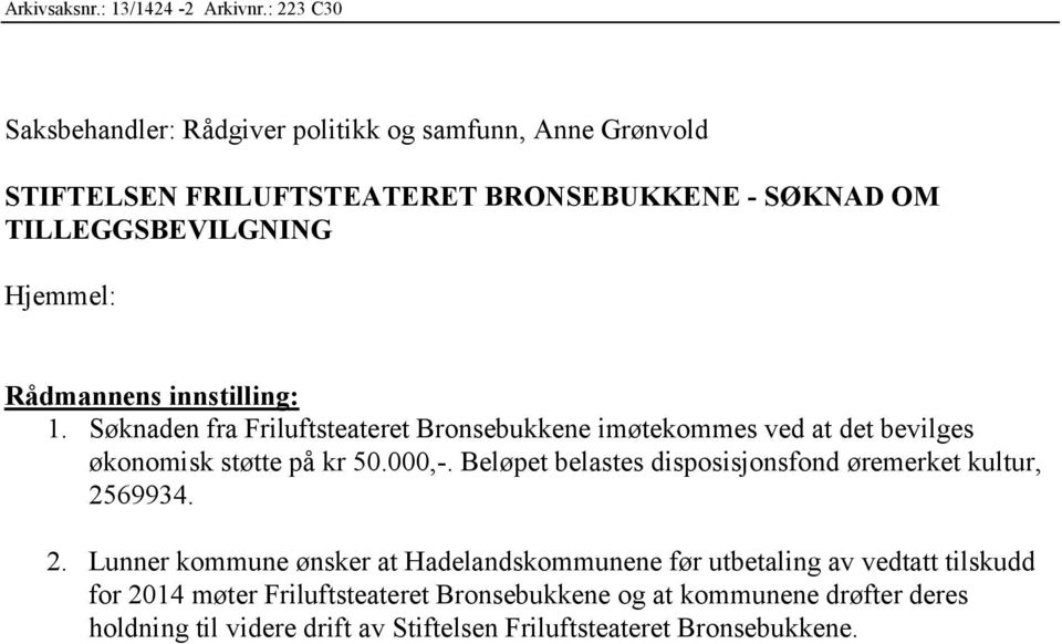 STIFTELSEN FRILUFTSTEATERET BRONSEBUKKENE - SØKNAD OM