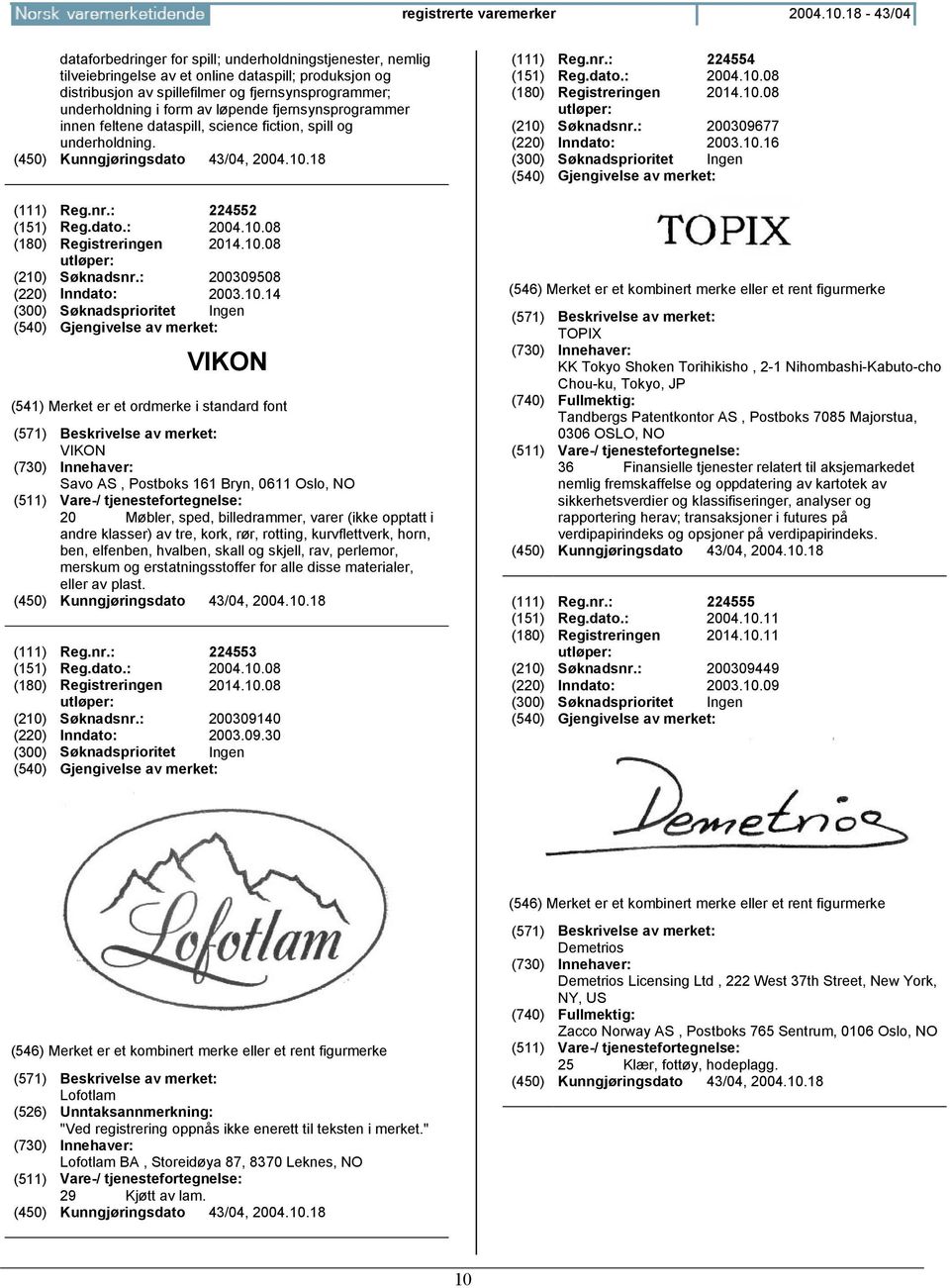 av løpende fjernsynsprogrammer innen feltene dataspill, science fiction, spill og underholdning. (450) Kunngjøringsdato 43/04, 2004.10.18 (111) Reg.nr.: 224552 (151) Reg.dato.: 2004.10.08 (180) Registreringen 2014.