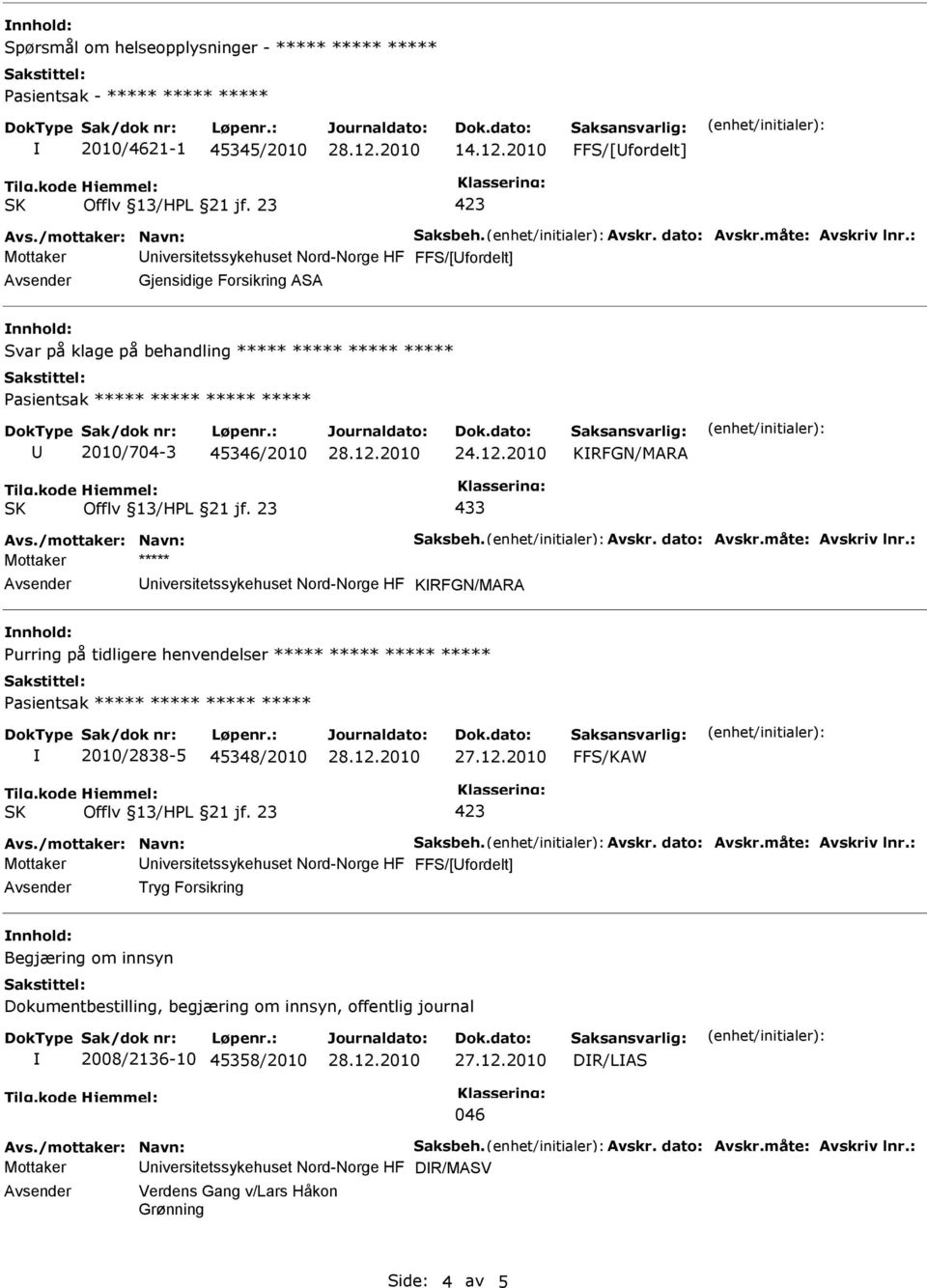 : Mottaker ***** Avsender Universitetssykehuset Nord-Norge HF KRFGN/MARA nnhold: Purring på tidligere henvendelser ***** ***** ***** ***** 2010/2838-5 45348/2010 Avs./mottaker: Navn: Saksbeh. Avskr.