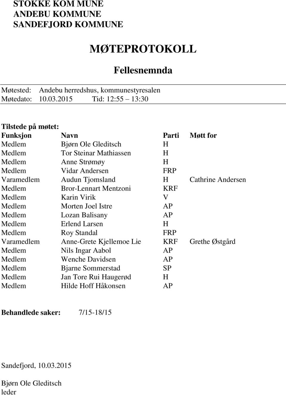 Tjomsland H Cathrine Andersen Medlem Bror-Lennart Mentzoni KRF Medlem Karin Virik V Medlem Morten Joel Istre AP Medlem Lozan Balisany AP Medlem Erlend Larsen H Medlem Roy Standal FRP Varamedlem