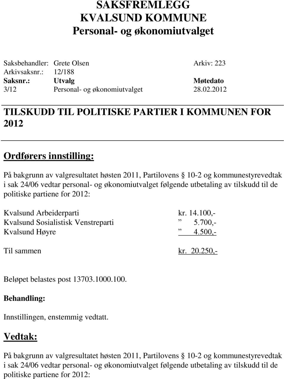 personal- og økonomiutvalget følgende utbetaling av tilskudd til de politiske partiene for 2012: Kvalsund Arbeiderparti kr. 14.100,- Kvalsund Sosialistisk Venstreparti 5.