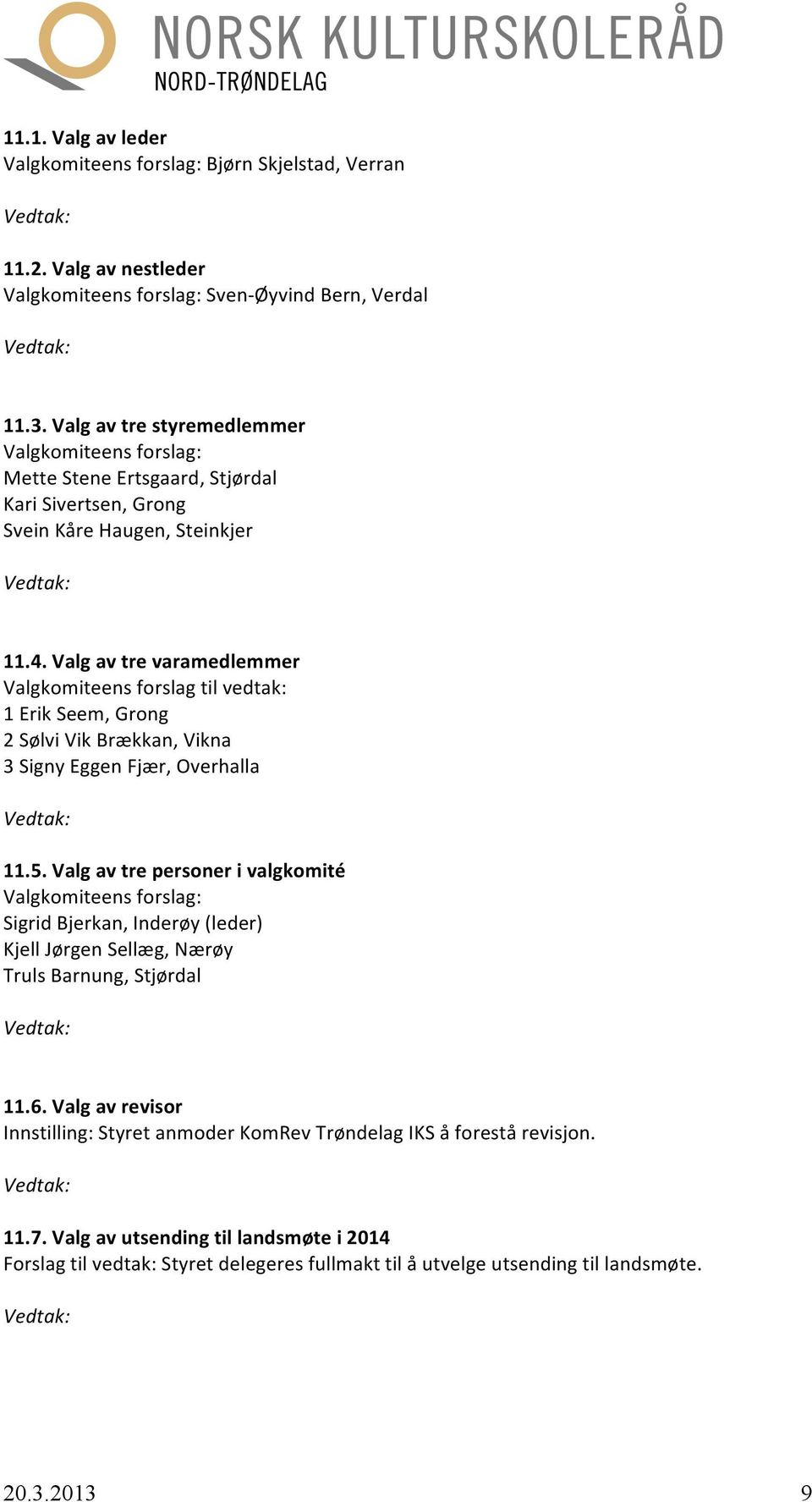Valg av tre varamedlemmer Valgkomiteens forslag til vedtak: 1 Erik Seem, Grong 2 Sølvi Vik Brækkan, Vikna 3 Signy Eggen Fjær, Overhalla 11.5.