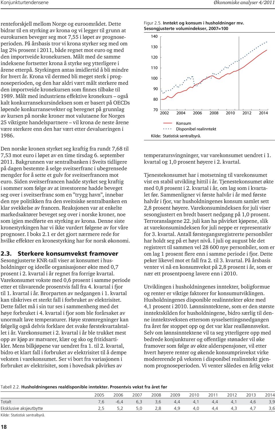 På årsbasis tror vi krona styrker seg med om lag 2¾ prosent i 2011, både regnet mot euro og med den importveide kronekursen.