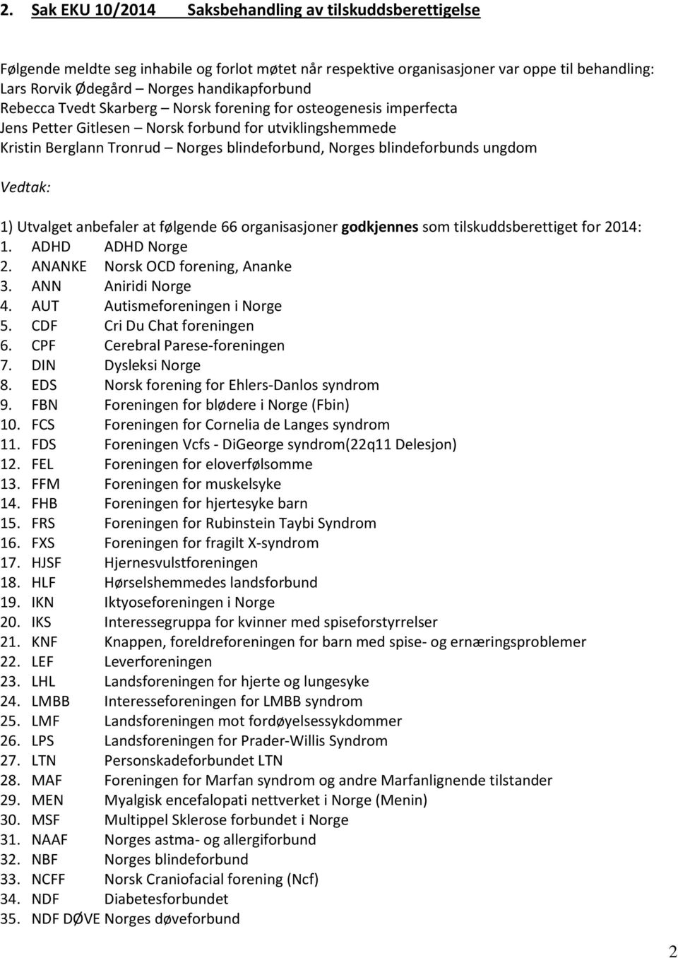 blindeforbunds ungdom Vedtak: 1) Utvalget anbefaler at følgende 66 organisasjoner godkjennes som tilskuddsberettiget for 2014: 1. ADHD ADHD Norge 2. ANANKE Norsk OCD forening, Ananke 3.