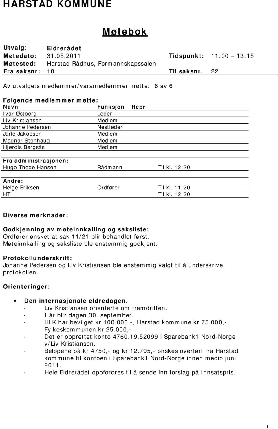 Bergsås Fra administrasjonen: Hugo Thode Hansen Rådmann Til kl. 12:30 Andre: Helge Eriksen Ordfører Til kl. 11:20 HT Til kl.