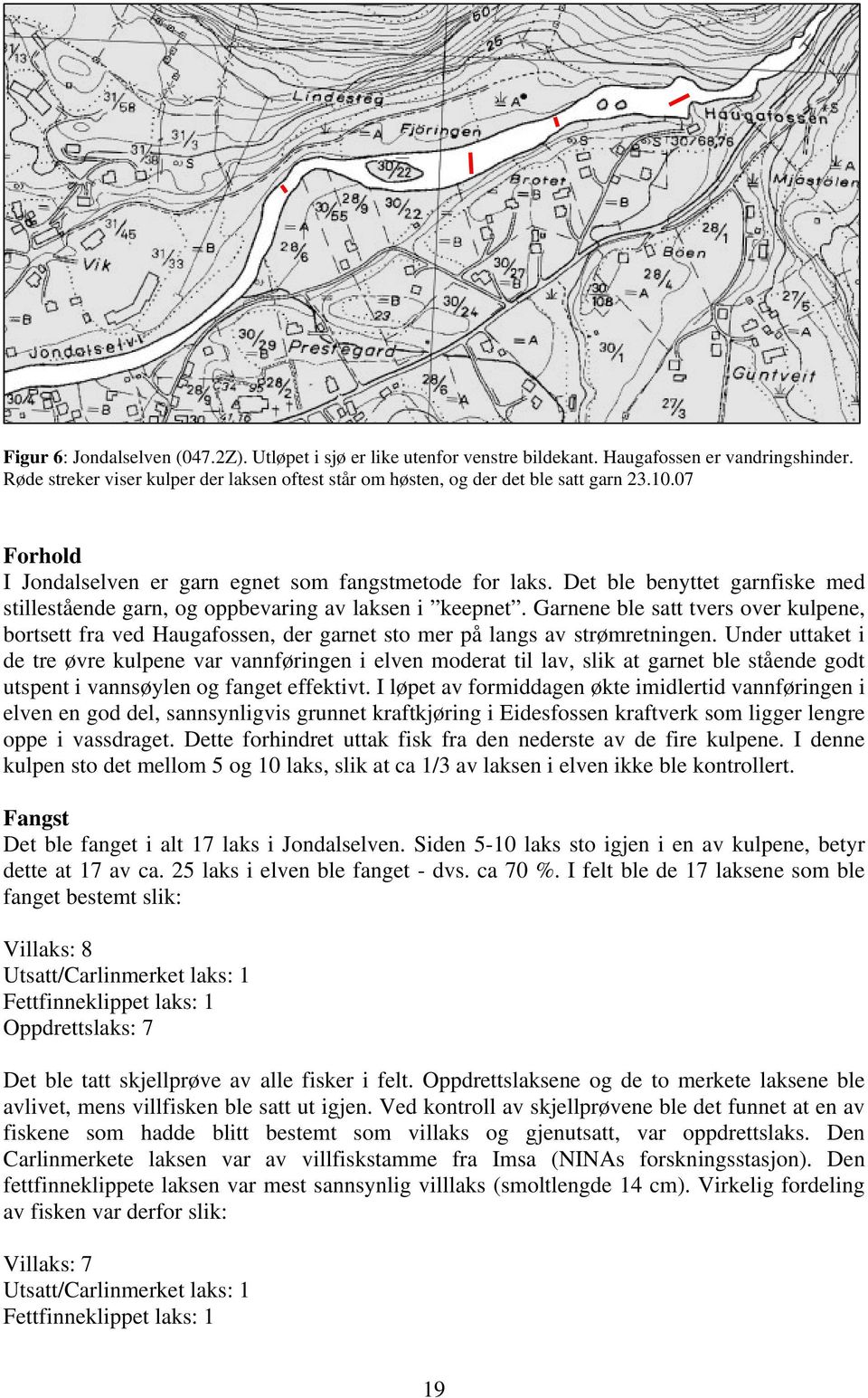 Det ble benyttet garnfiske med stillestående garn, og oppbevaring av laksen i keepnet. Garnene ble satt tvers over kulpene, bortsett fra ved Haugafossen, der garnet sto mer på langs av strømretningen.