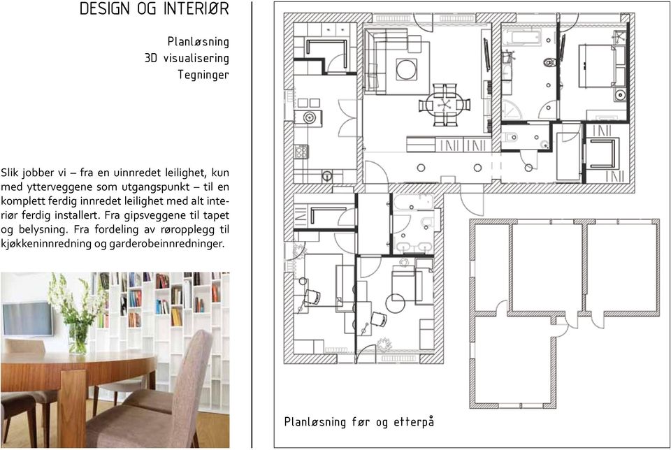 leilighet med alt interiør ferdig installert. Fra gipsveggene til tapet og belysning.