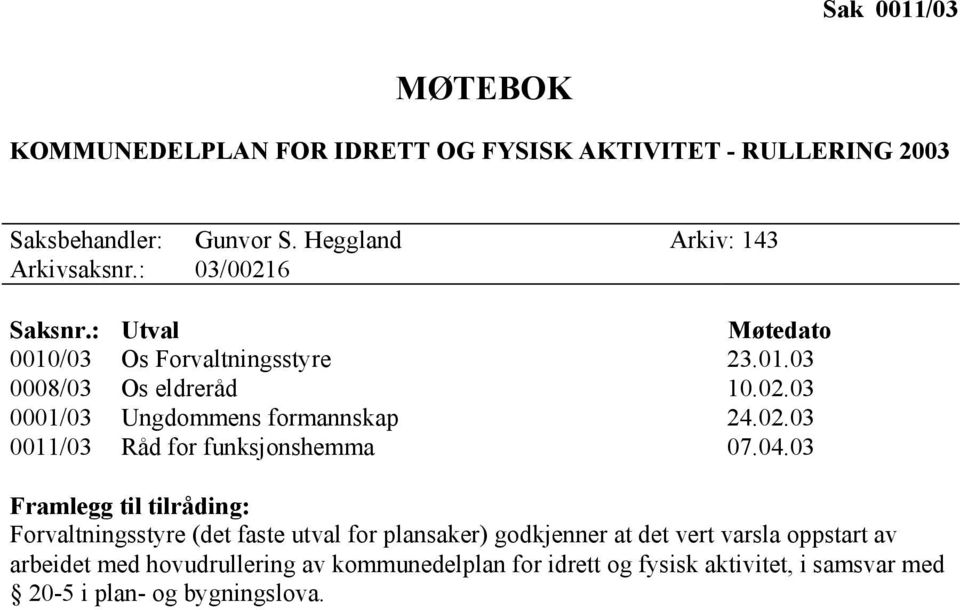 04.03 Framlegg til tilråding: Forvaltningsstyre (det faste utval for plansaker) godkjenner at det vert varsla oppstart av arbeidet med