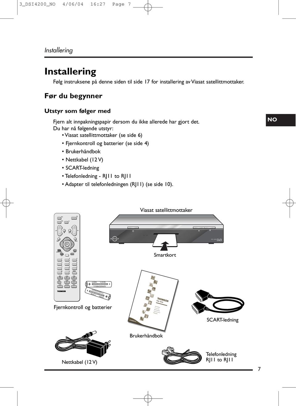 Du har nå følgende utstyr: Viasat satellittmottaker (se side 6) Fjernkontroll og batterier (se side 4) Brukerhåndbok Nettkabel (12 V) SCART-ledning Telefonledning - RJ11 to