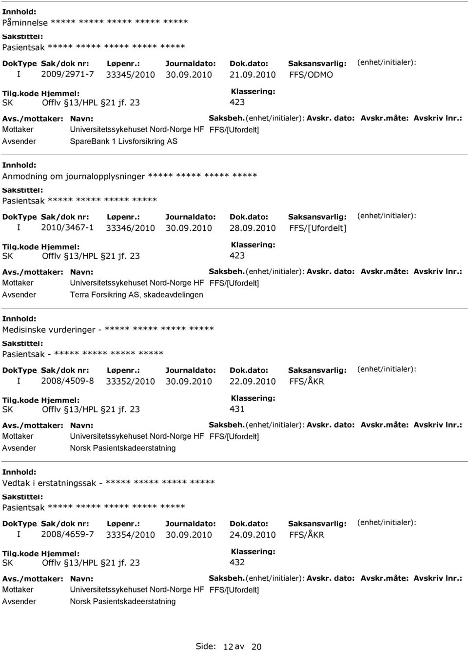 måte: Avskriv lnr.: Terra Forsikring AS, skadeavdelingen nnhold: Medisinske vurderinger - ***** ***** ***** ***** Pasientsak - ***** ***** ***** ***** 2008/4509-8 33352/2010 22.09.2010 FFS/ÅKR 431 Avs.