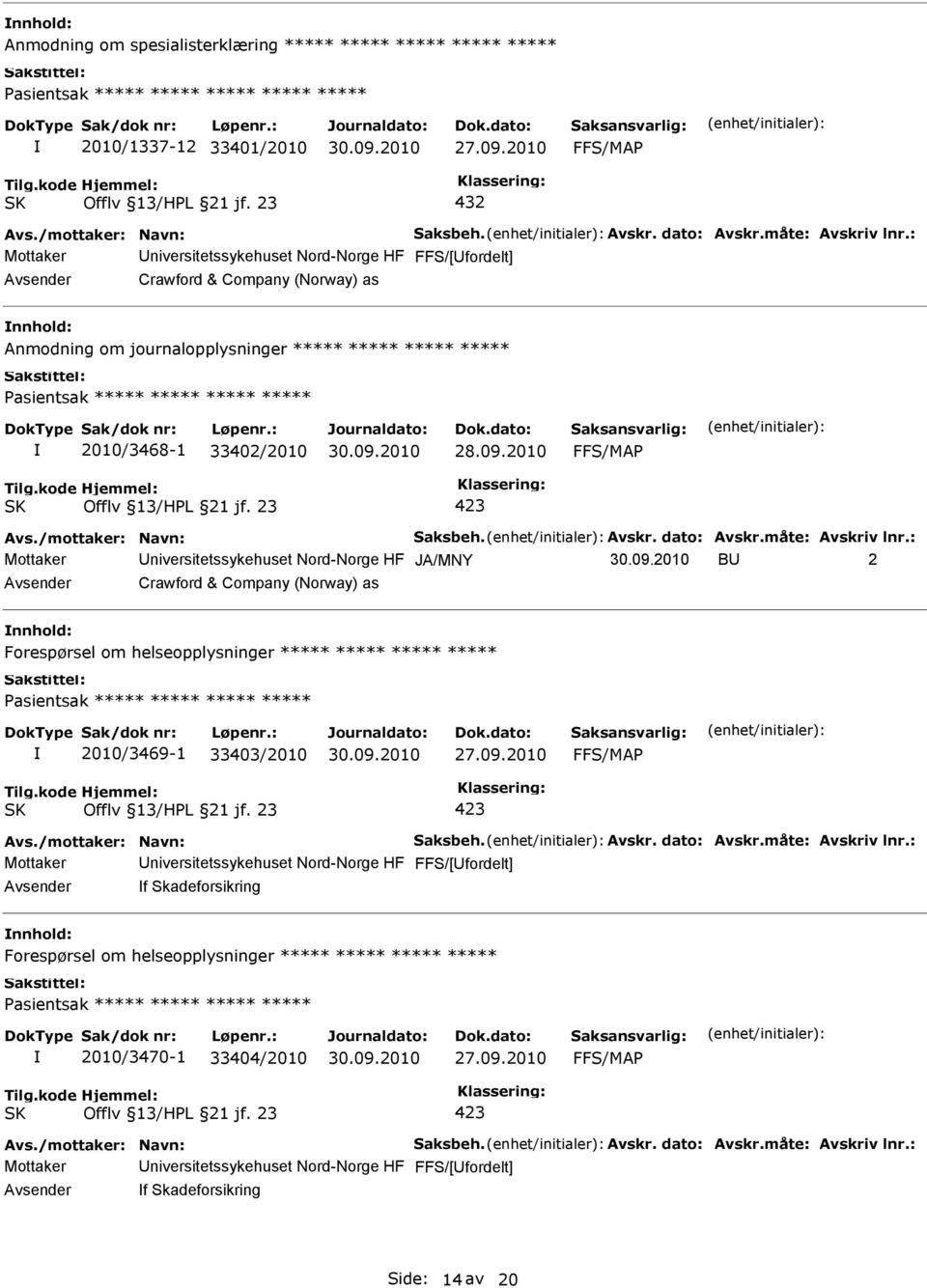 : Mottaker niversitetssykehuset Nord-Norge HF JA/MNY B 2 Crawford & Company (Norway) as nnhold: Forespørsel om helseopplysninger ***** ***** ***** ***** 2010/3469-1 33403/2010 27.09.2010 Avs.