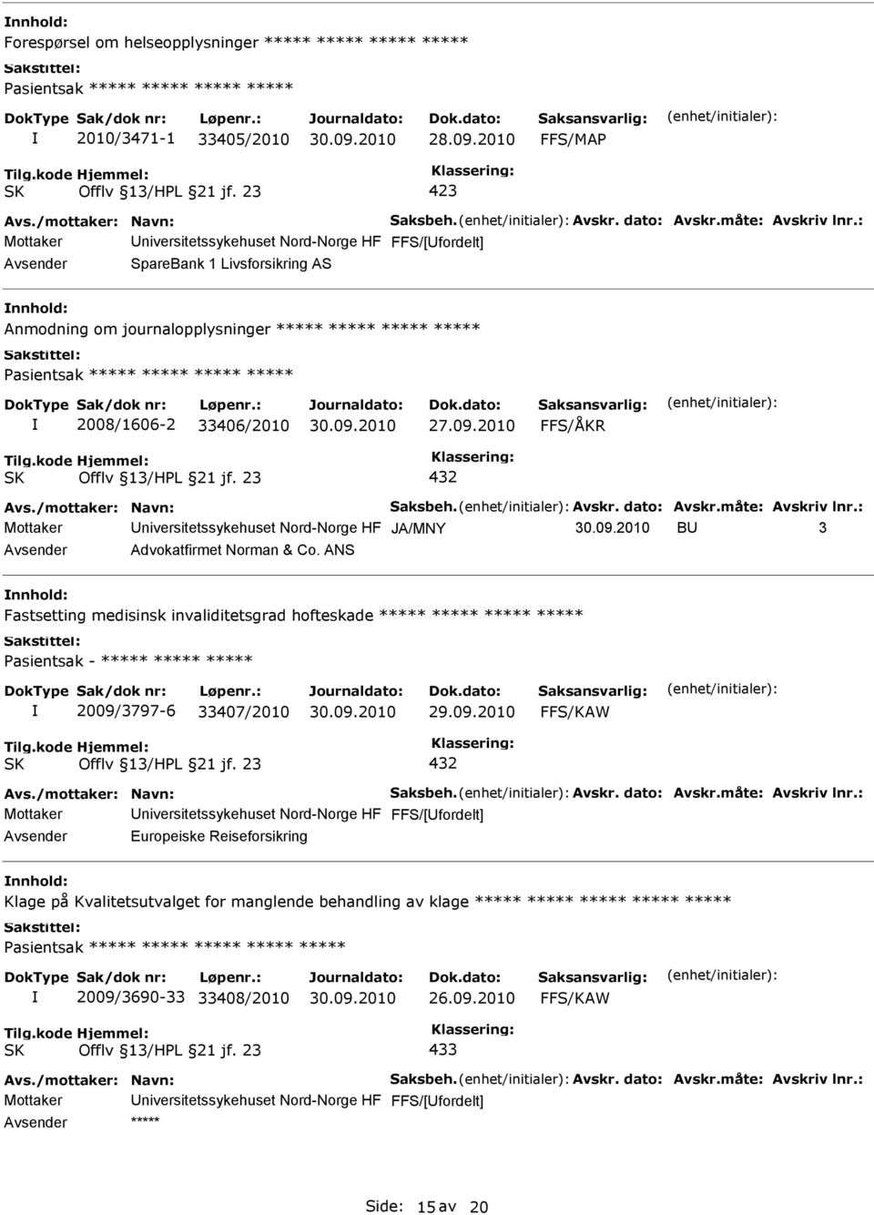 måte: Avskriv lnr.: Mottaker niversitetssykehuset Nord-Norge HF JA/MNY B 3 Advokatfirmet Norman & Co.