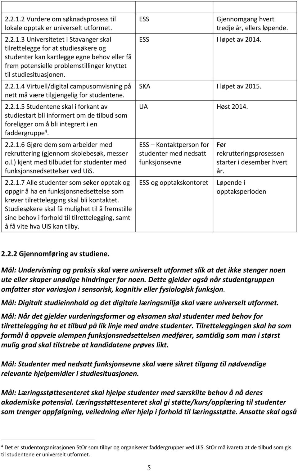 2.2.1.6 Gjøre dem som arbeider med rekruttering (gjennom skolebesøk, messer o.l.) kjent med tilbudet for studenter med funksjonsnedsettelser ved UiS. 2.2.1.7 Alle studenter som søker opptak og oppgir å ha en funksjonsnedsettelse som krever tilrettelegging skal bli kontaktet.