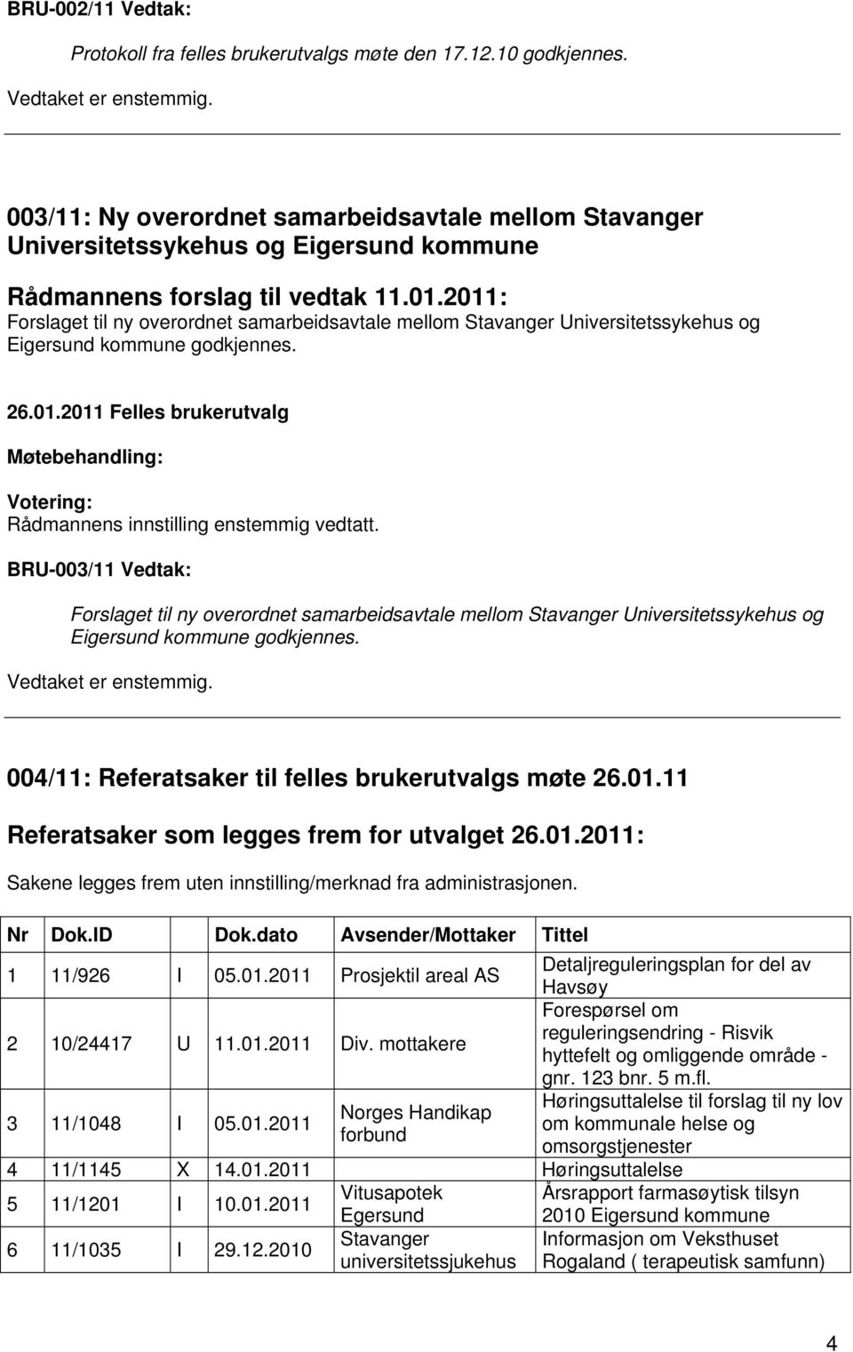 2011: Forslaget til ny overordnet samarbeidsavtale mellom Stavanger Universitetssykehus og Eigersund kommune godkjennes. 26.01.2011 Felles brukerutvalg Rådmannens innstilling enstemmig vedtatt.