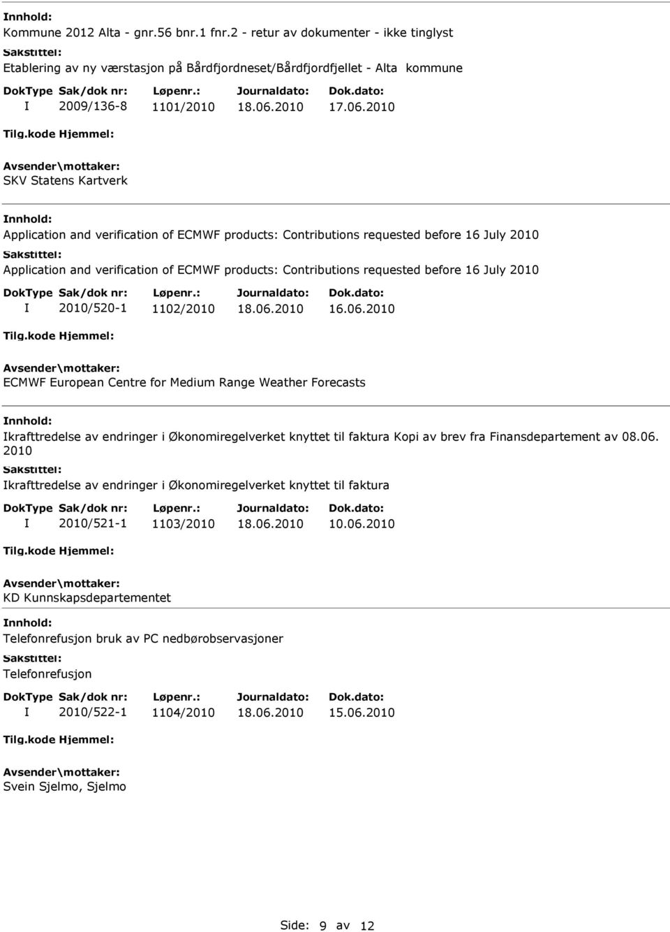 July 2010 2010/520-1 1102/2010 ECMWF European Centre for Medium Range Weather Forecasts krafttredelse av endringer i Økonomiregelverket knyttet til faktura Kopi av brev fra Finansdepartement av 08.06.