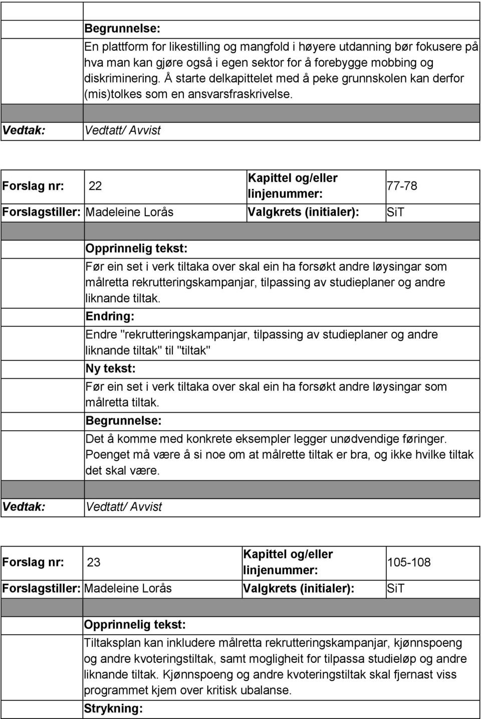 Forslag nr: 22 Forslagstiller: Madeleine Lorås Valgkrets (initialer): SiT 77-78 Før ein set i verk tiltaka over skal ein ha forsøkt andre løysingar som målretta rekrutteringskampanjar, tilpassing av