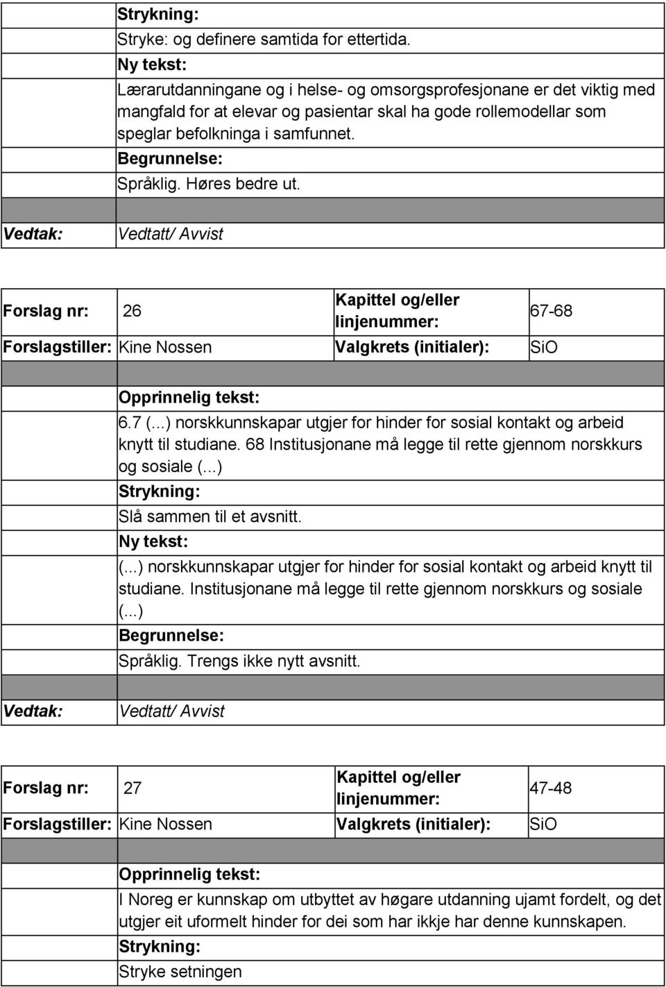 Forslag nr: 26 Forslagstiller: Kine Nossen Valgkrets (initialer): SiO 67-68 6.7 (...) norskkunnskapar utgjer for hinder for sosial kontakt og arbeid knytt til studiane.