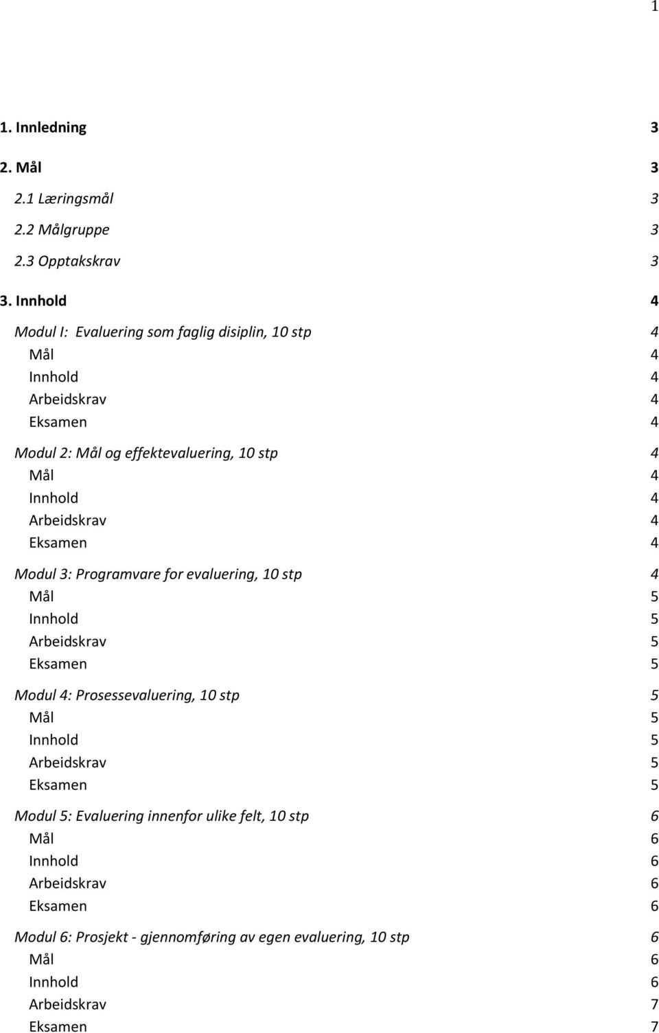 Innhold 4 Arbeidskrav 4 Eksamen 4 Modul 3: Programvare for evaluering, 10 stp 4 Mål 5 Innhold 5 Arbeidskrav 5 Eksamen 5 Modul 4: Prosessevaluering, 10 stp