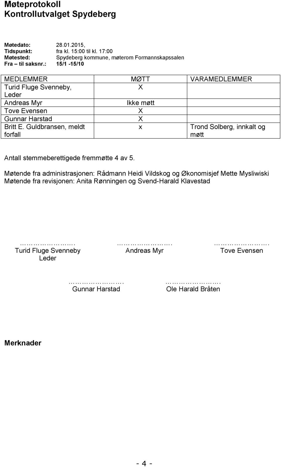 : 15/1-15/10 MEDLEMMER MØTT VARAMEDLEMMER Turid Fluge Svenneby, X Leder Andreas Myr Ikke møtt Tove Evensen X Gunnar Harstad X Britt E.