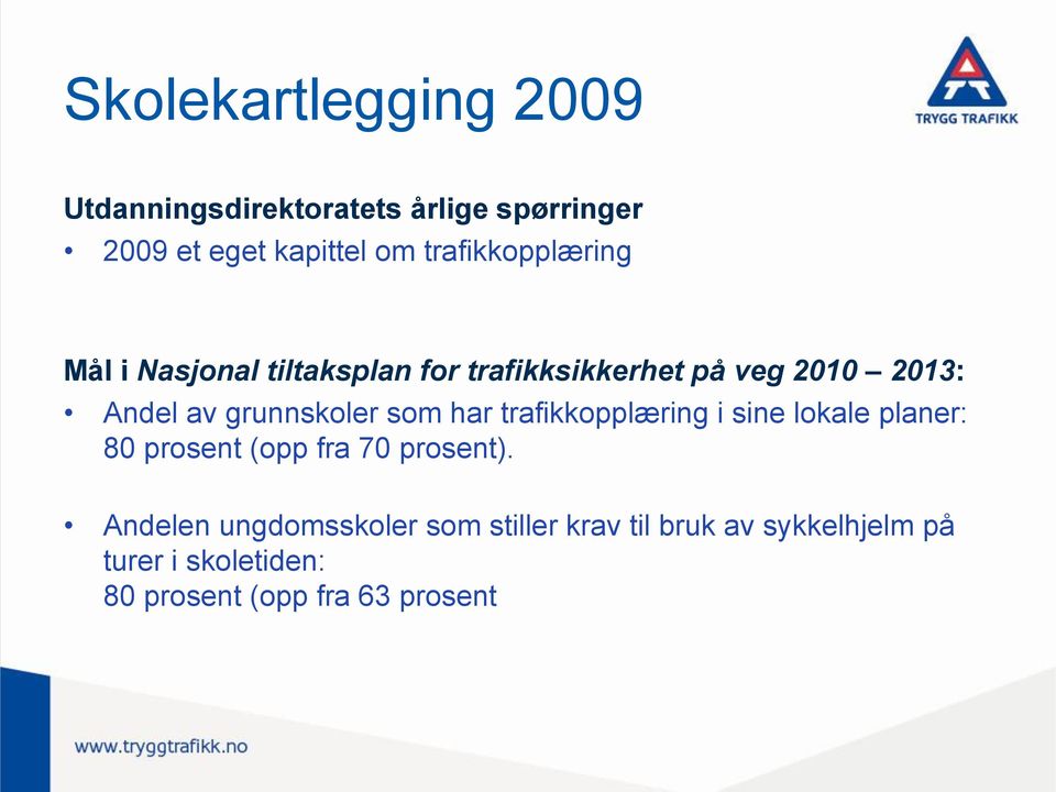 grunnskoler som har trafikkopplæring i sine lokale planer: 80 prosent (opp fra 70 prosent).