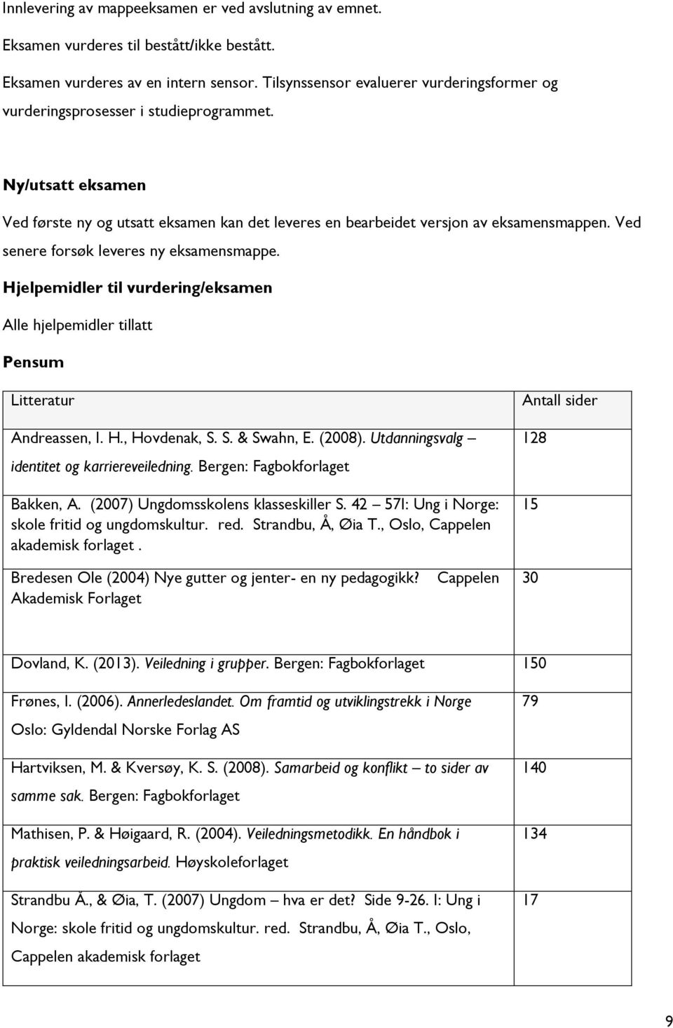 Ved senere forsøk leveres ny eksamensmappe. Hjelpemidler til vurdering/eksamen Alle hjelpemidler tillatt Pensum Litteratur Andreassen, I. H., Hovdenak, S. S. & Swahn, E. (2008).