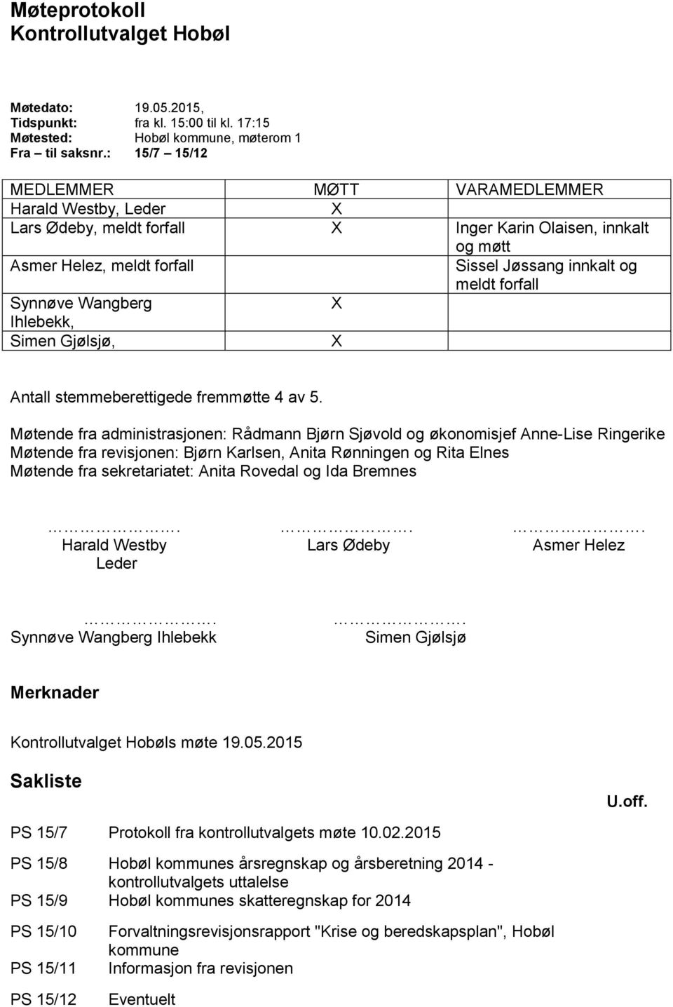 Synnøve Wangberg X Ihlebekk, Simen Gjølsjø, X Antall stemmeberettigede fremmøtte 4 av 5.