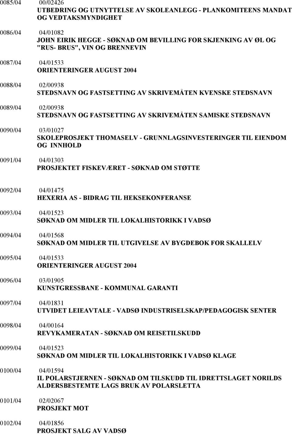 STEDSNAVN 0090/04 03/01027 SKOLEPROSJEKT THOMASELV - GRUNNLAGSINVESTERINGER TIL EIENDOM OG INNHOLD 0091/04 04/01303 PROSJEKTET FISKEVÆRET - SØKNAD OM STØTTE 0092/04 04/01475 HEXERIA AS - BIDRAG TIL