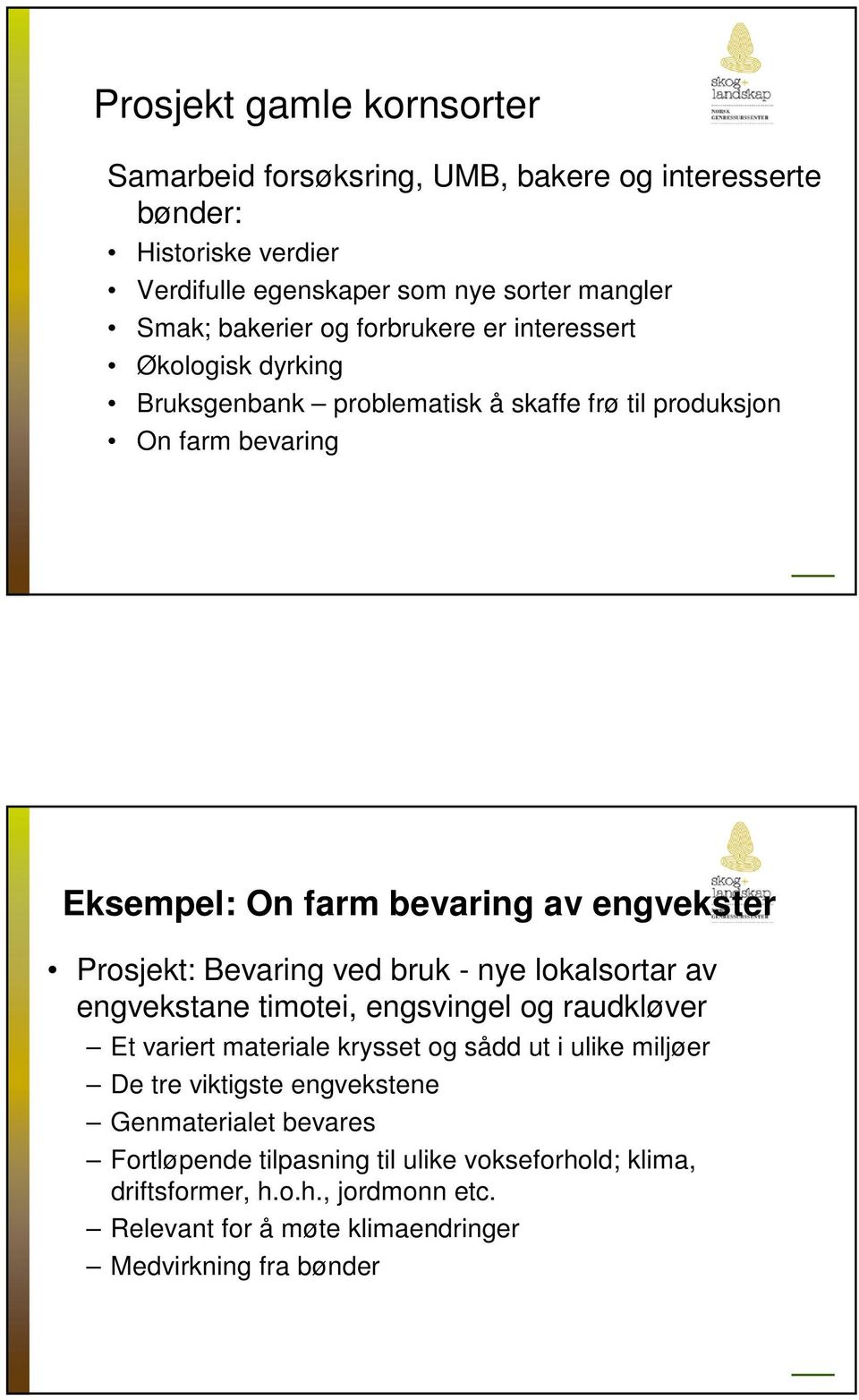 Bevaring ved bruk - nye lokalsortar av engvekstane timotei, engsvingel og raudkløver Et variert materiale krysset og sådd ut i ulike miljøer De tre viktigste