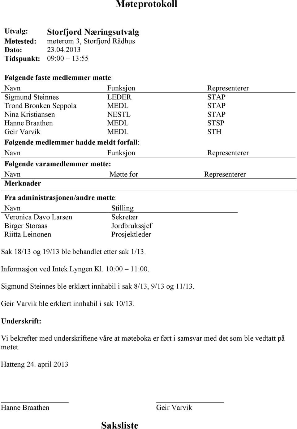 STSP Geir Varvik MEDL STH Følgende medlemmer hadde meldt forfall: Navn Funksjon Representerer Følgende varamedlemmer møtte: Navn Møtte for Representerer Merknader Fra administrasjonen/andre møtte: