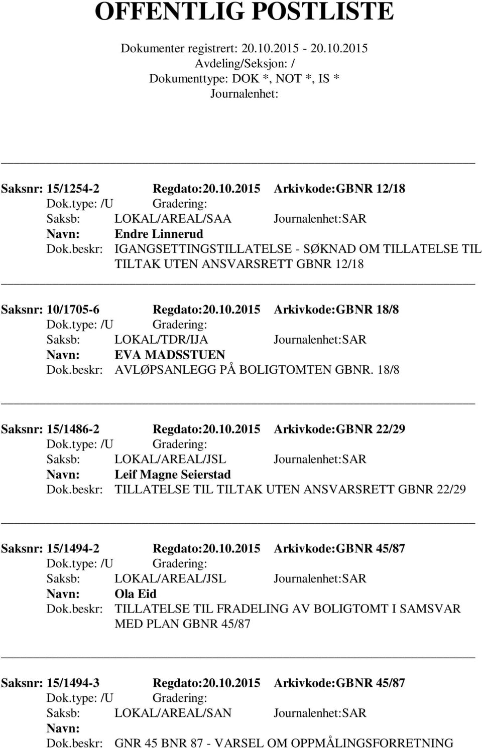 beskr: AVLØPSANLEGG PÅ BOLIGTOMTEN GBNR. 18/8 Saksnr: 15/1486-2 Regdato:20.10.2015 Arkivkode:GBNR 22/29 Saksb: LOKAL/AREAL/JSL SAR Leif Magne Seierstad Dok.