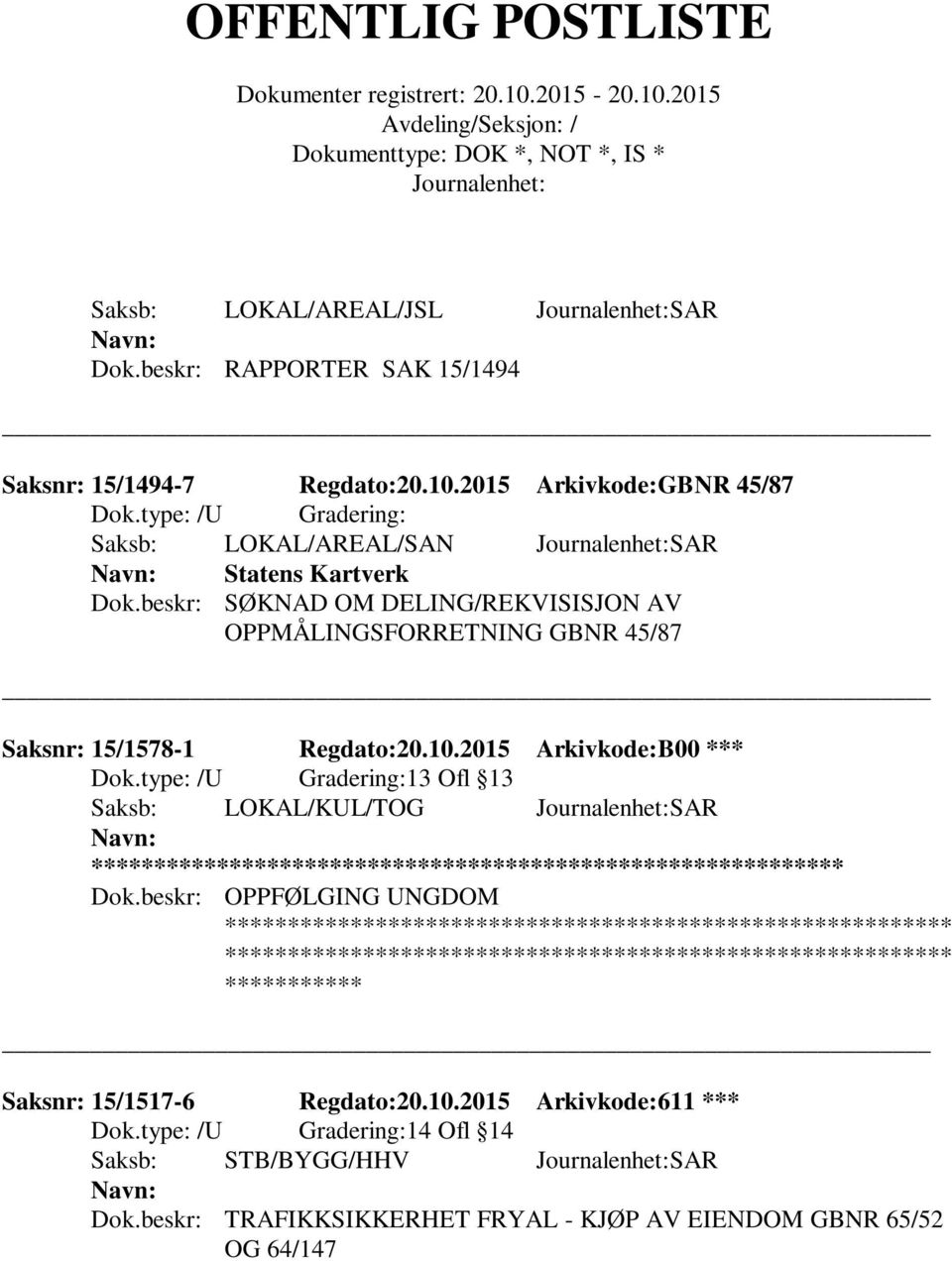 beskr: SØKNAD OM DELING/REKVISISJON AV OPPMÅLINGSFORRETNING GBNR 45/87 Saksnr: 15/1578-1 Regdato:20.10.