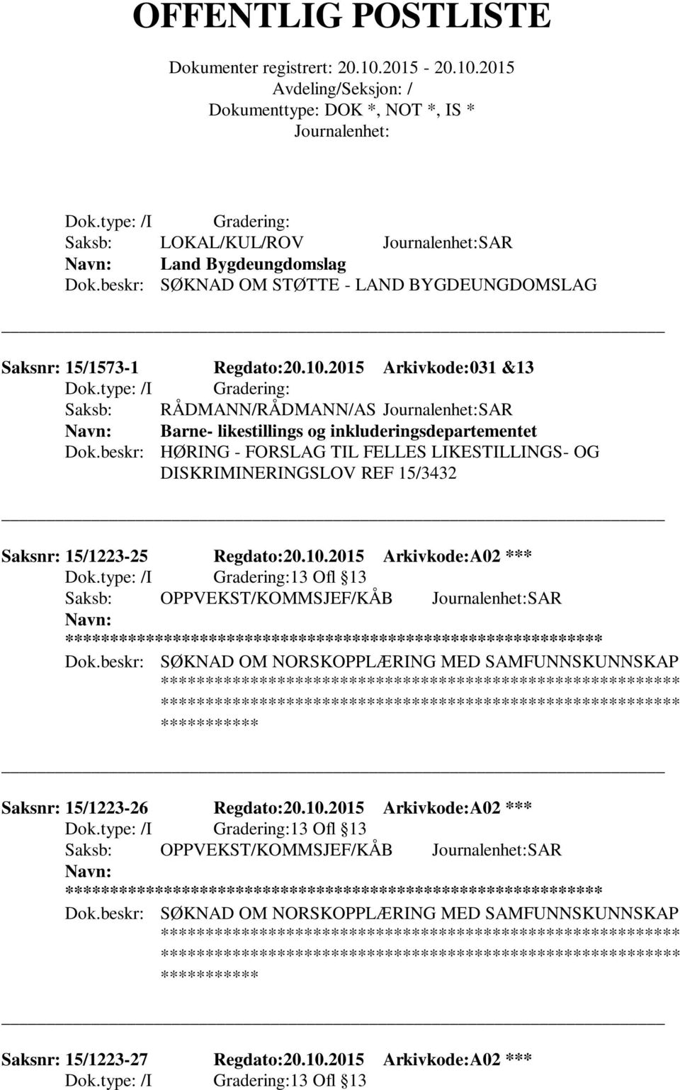 beskr: HØRING - FORSLAG TIL FELLES LIKESTILLINGS- OG DISKRIMINERINGSLOV REF 15/3432 Saksnr: 15/1223-25 Regdato:20.10.