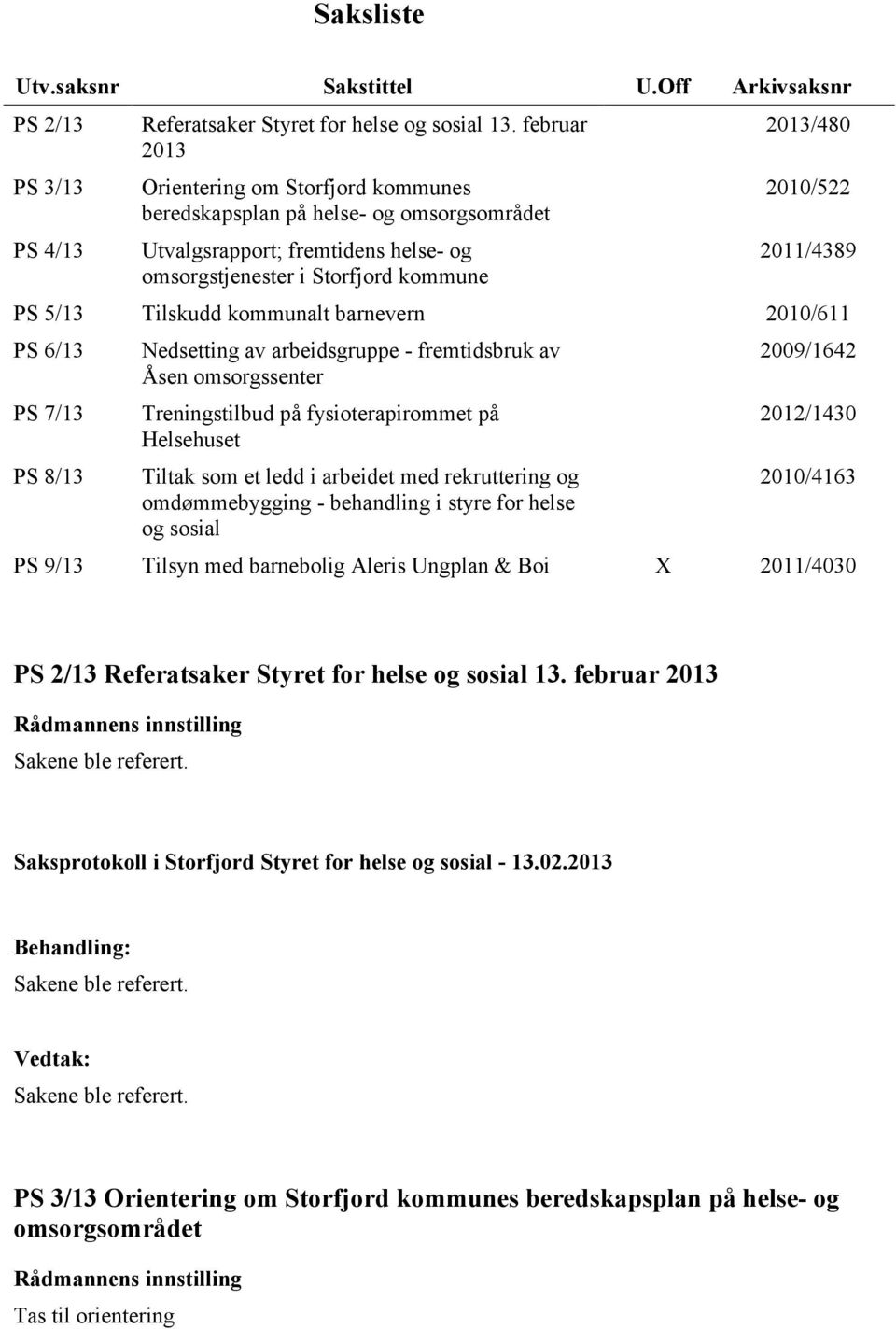 Tilskudd kommunalt barnevern 2010/611 PS 6/13 PS 7/13 PS 8/13 Nedsetting av arbeidsgruppe - fremtidsbruk av Åsen omsorgssenter Treningstilbud på fysioterapirommet på Helsehuset Tiltak som et ledd i