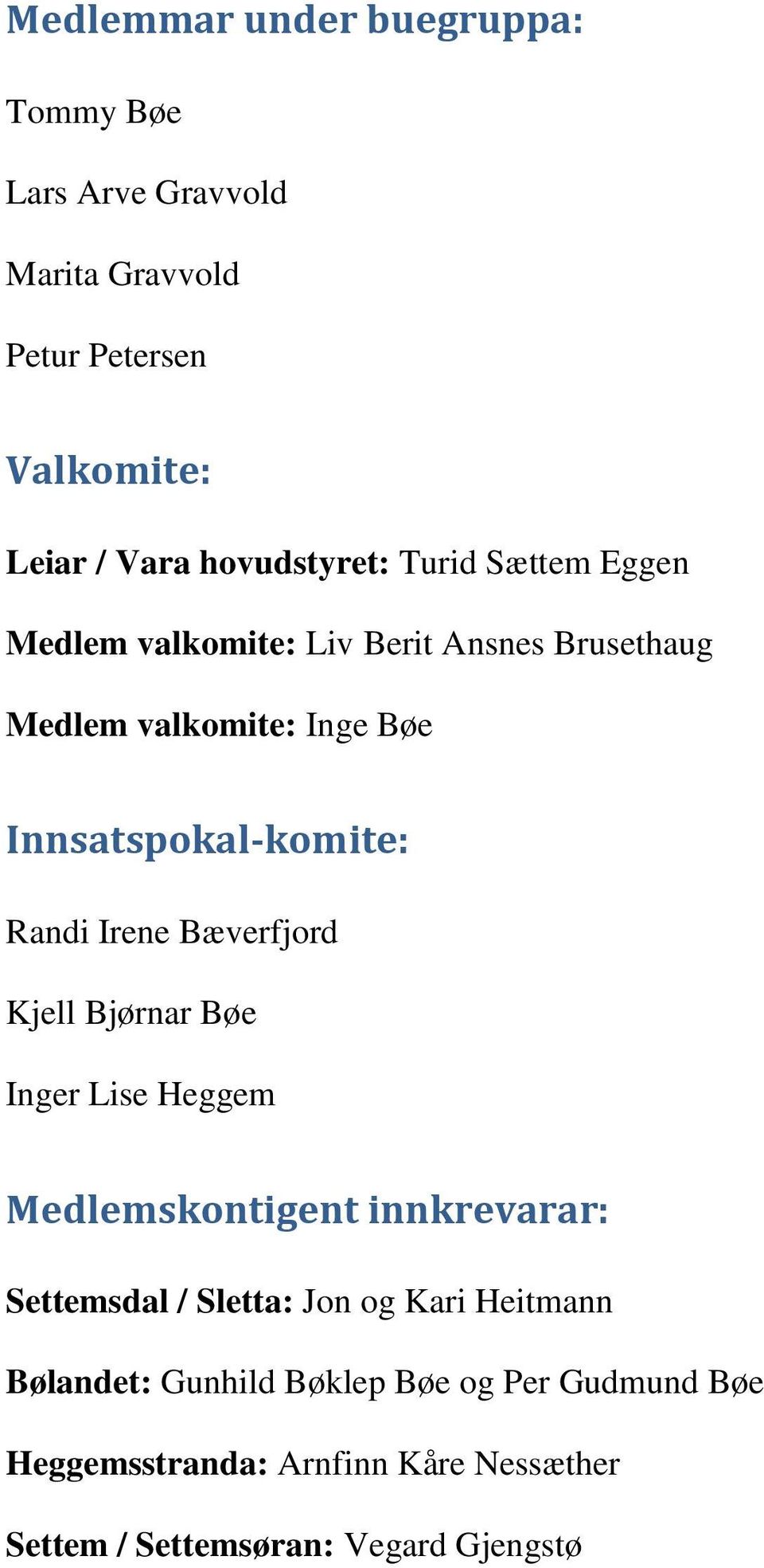 Innsatspokal-komite: Randi Irene Bæverfjord Kjell Bjørnar Bøe Inger Lise Heggem Medlemskontigent innkrevarar: Settemsdal /