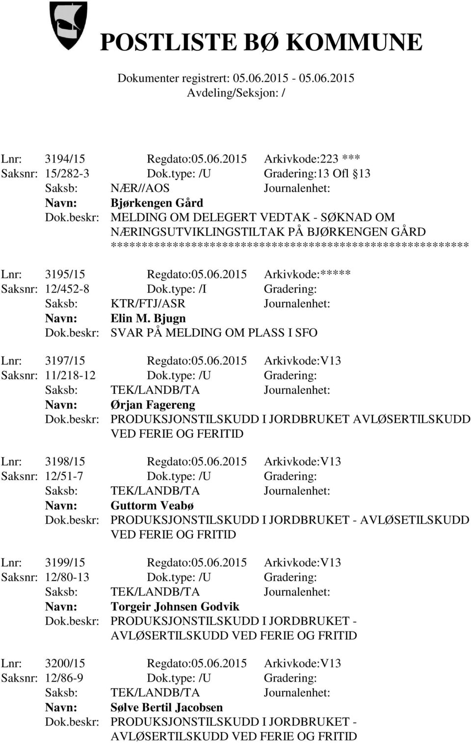 type: /I Gradering: Saksb: KTR/FTJ/ASR Journalenhet: Navn: Elin M. Bjugn Dok.beskr: SVAR PÅ MELDING OM PLASS I SFO Lnr: 3197/15 Regdato:05.06.2015 Arkivkode:V13 Saksnr: 11/218-12 Dok.