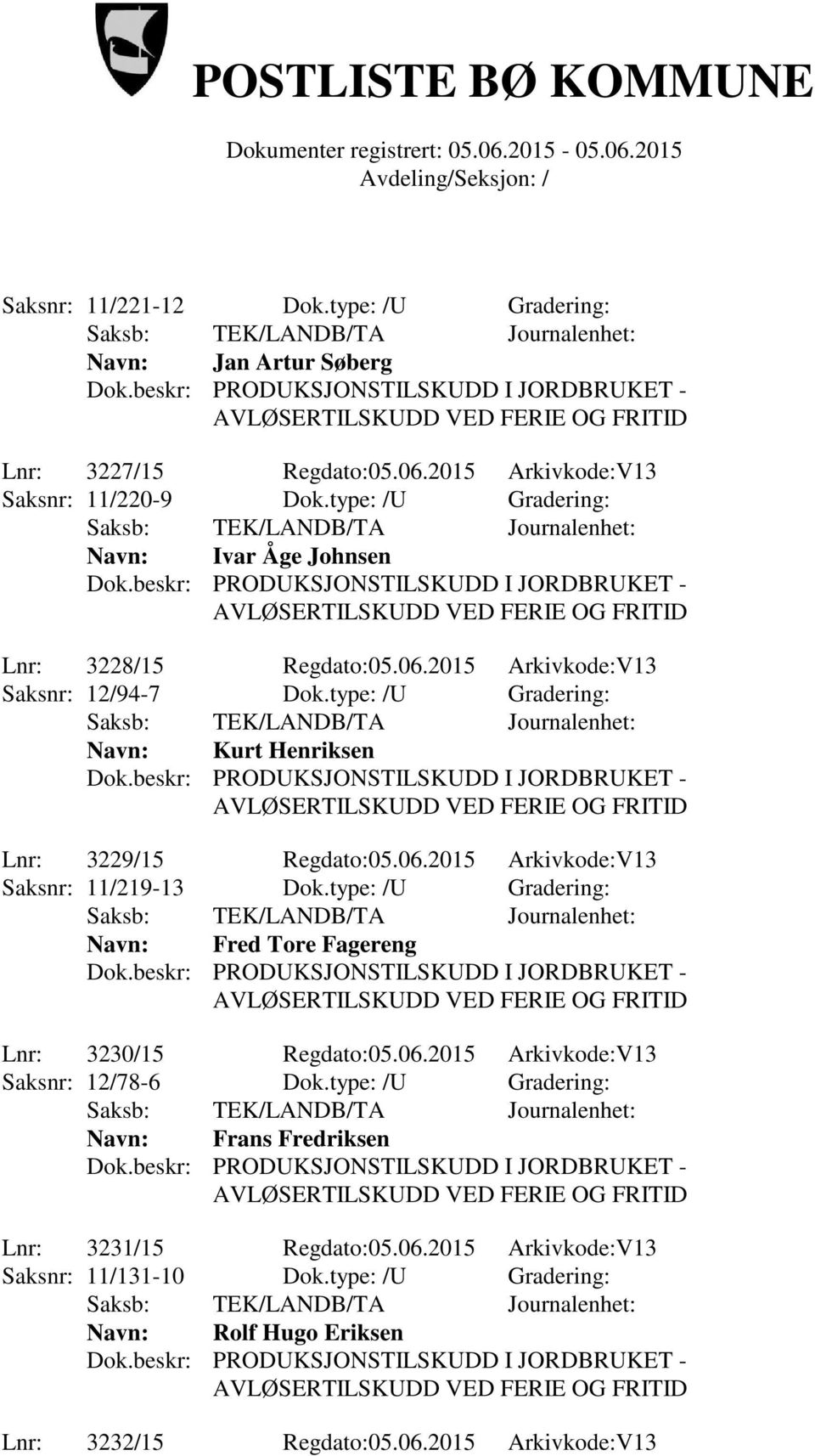 type: /U Gradering: Navn: Kurt Henriksen Lnr: 3229/15 Regdato:05.06.2015 Arkivkode:V13 Saksnr: 11/219-13 Dok.