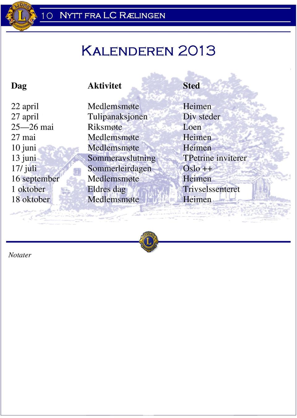 juni Sommeravslutning TPetrine inviterer 17/ juli Sommerleirdagen Oslo ++ 16 september