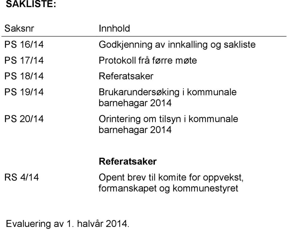 kommunale barnehagar 2014 Orintering om tilsyn i kommunale barnehagar 2014 RS 4/14